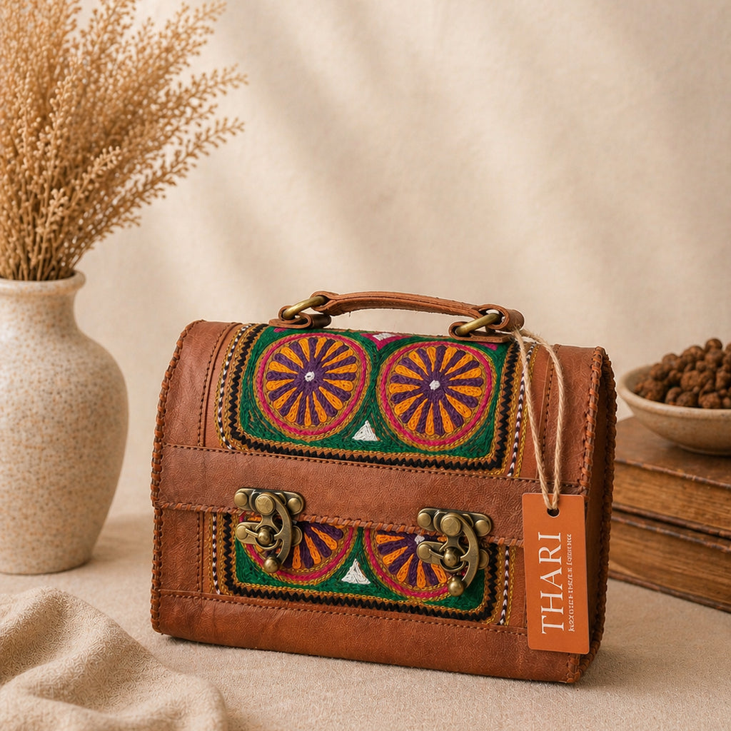 Thari Artisan Leather Trunk Bag - Bohemian Prism Motif Hand Embroidery Versatile Carry-All