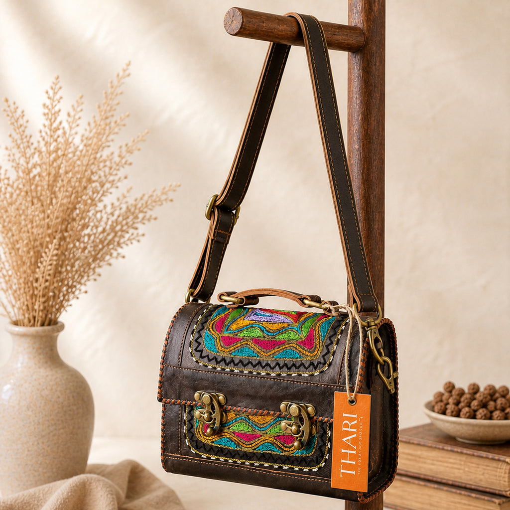Thari Artisan Leather Trunk Bag - Bohemian Prism Motif Hand Embroidery Versatile Carry-All