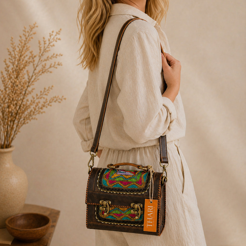 Thari Artisan Leather Trunk Bag - Bohemian Prism Motif Hand Embroidery Versatile Carry-All