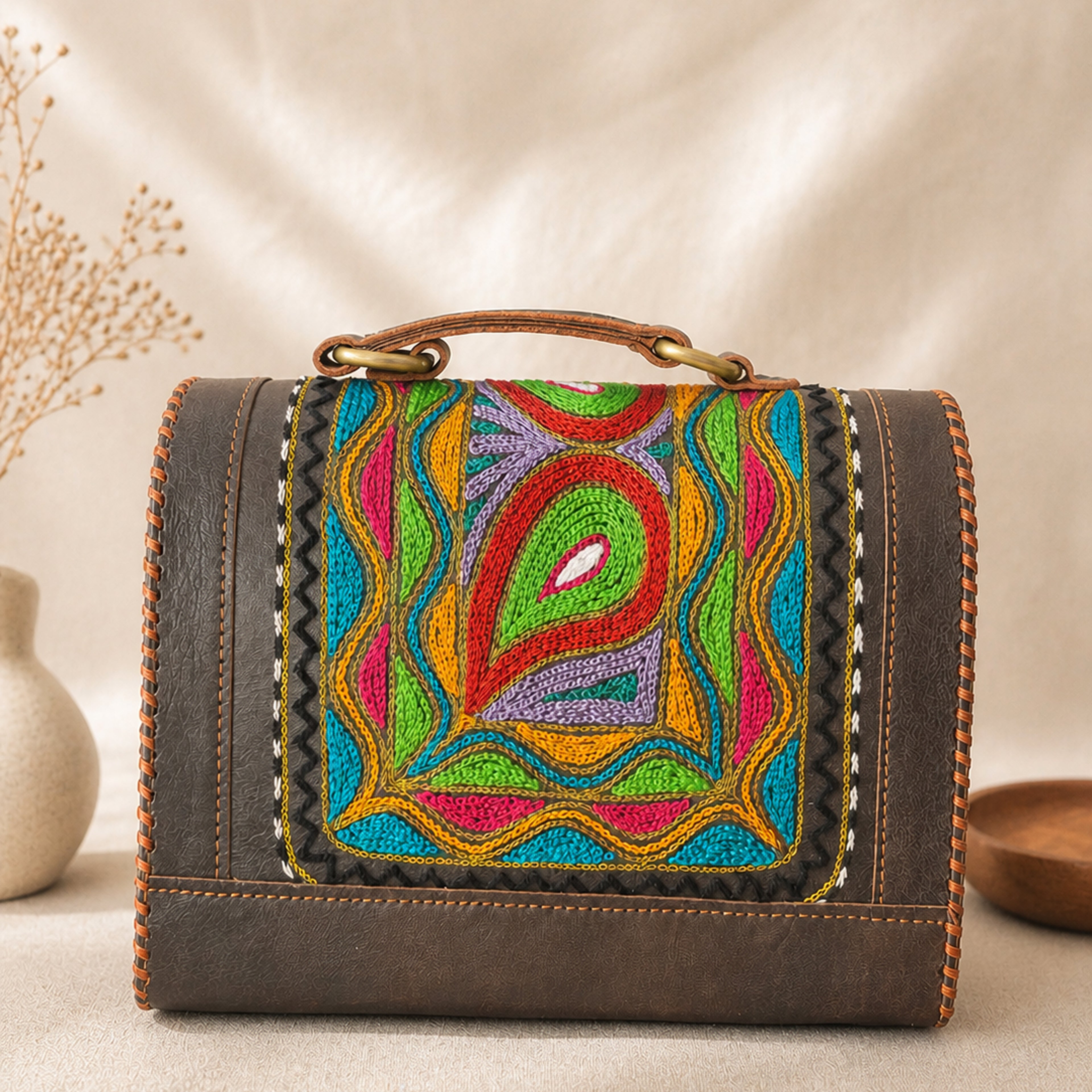 Thari Artisan Leather Trunk Bag - Bohemian Prism Motif Hand Embroidery Versatile Carry-All