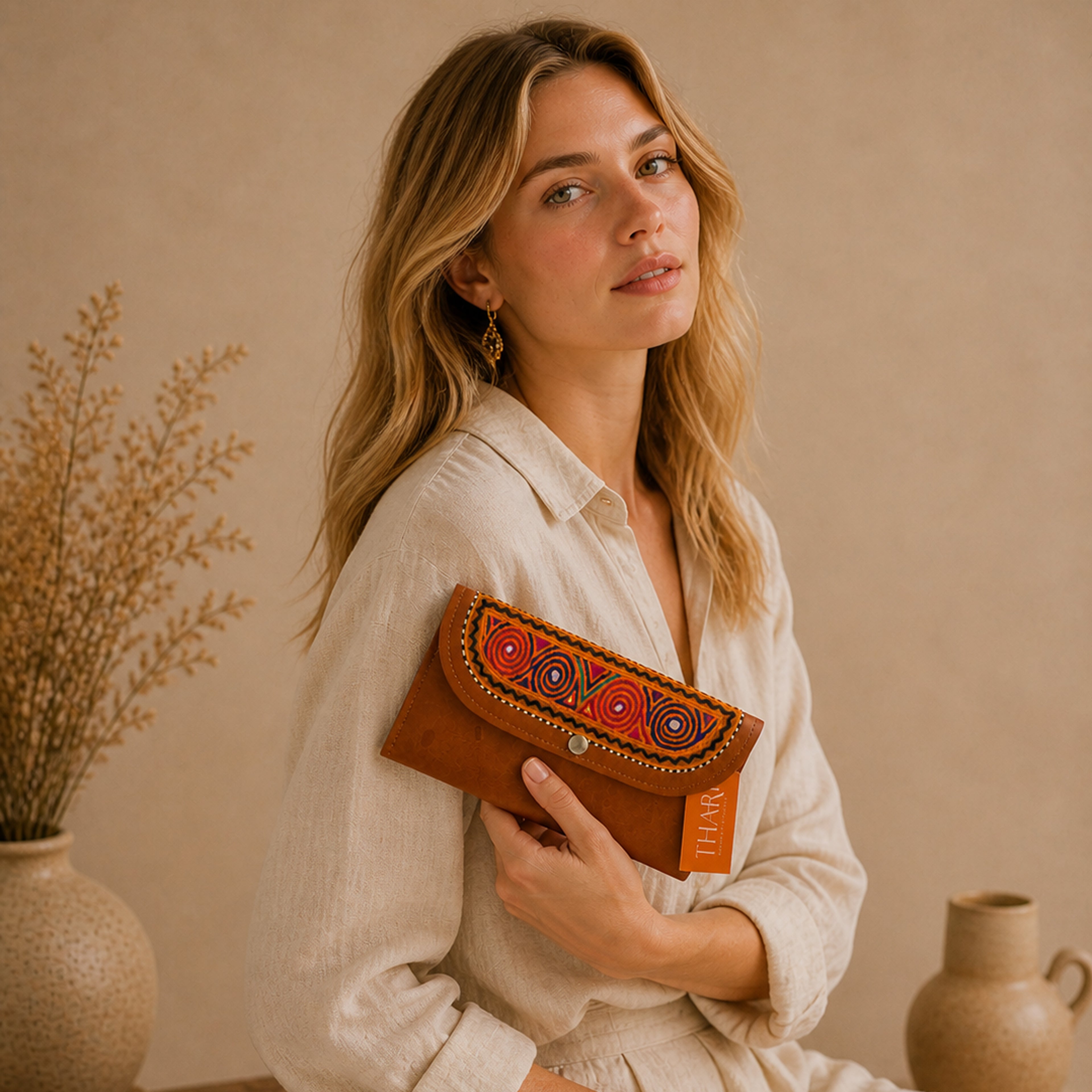 The Thari Artisanal Leather Heritage Wallet - Lotus Hand Embroidery