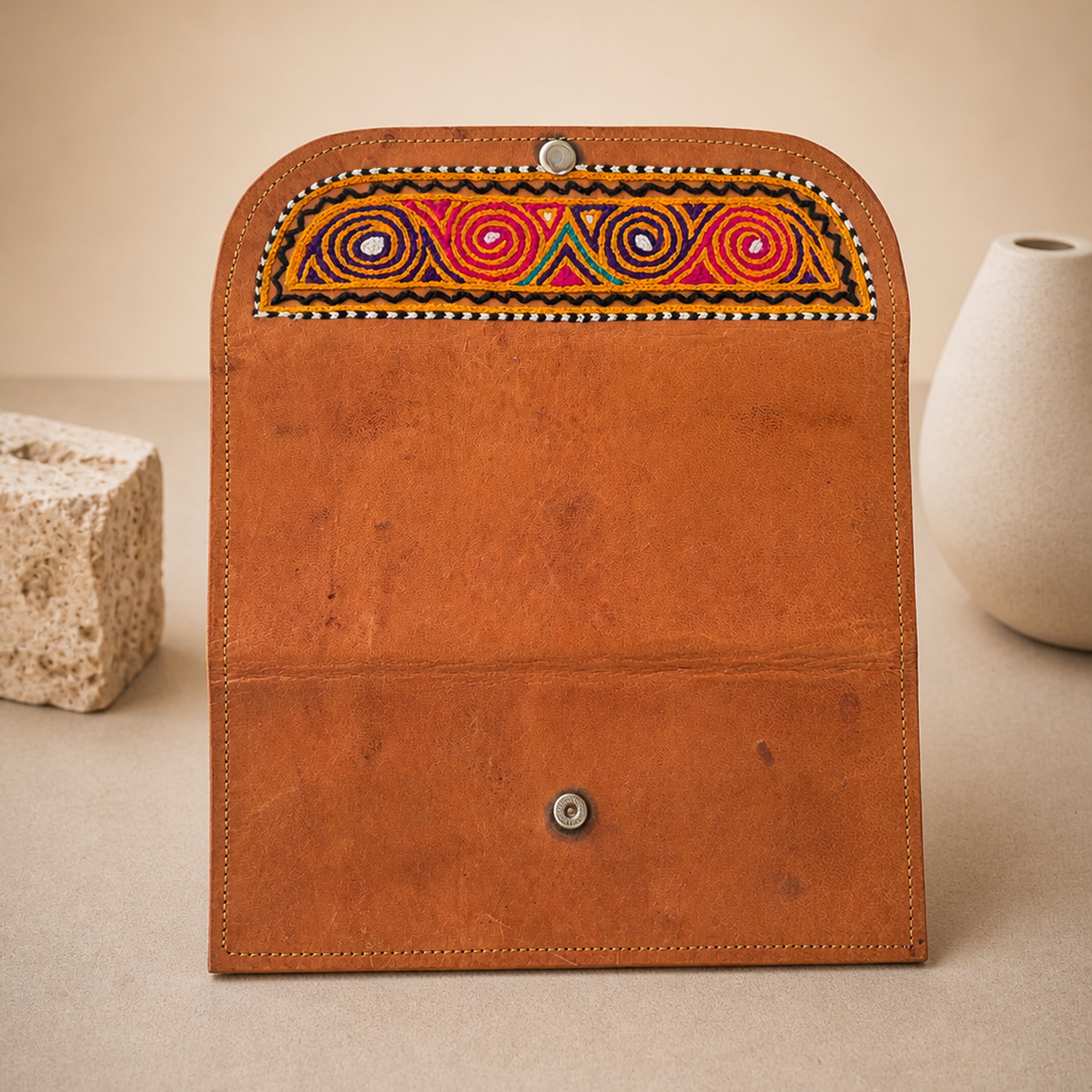 The Thari Artisanal Leather Heritage Wallet - Lotus Hand Embroidery