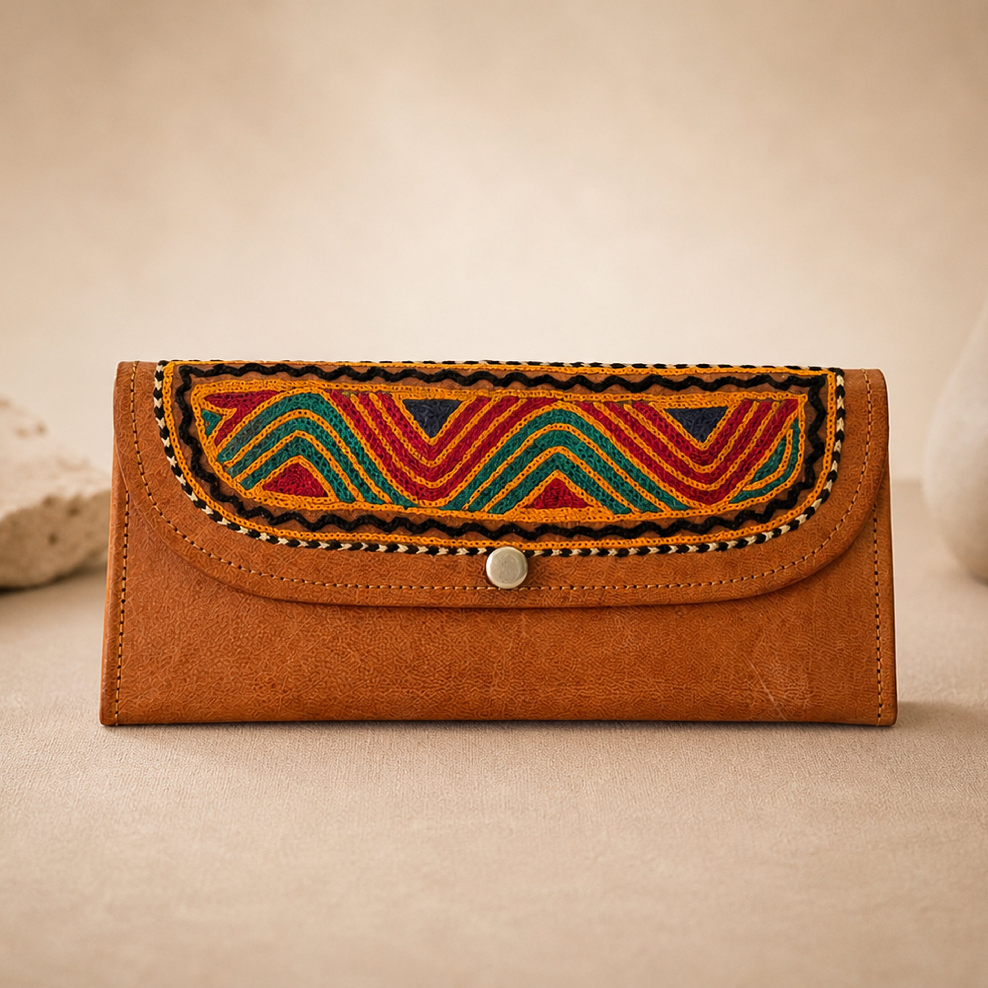 The Thari Artisanal Leather Heritage Wallet - Lotus Hand Embroidery