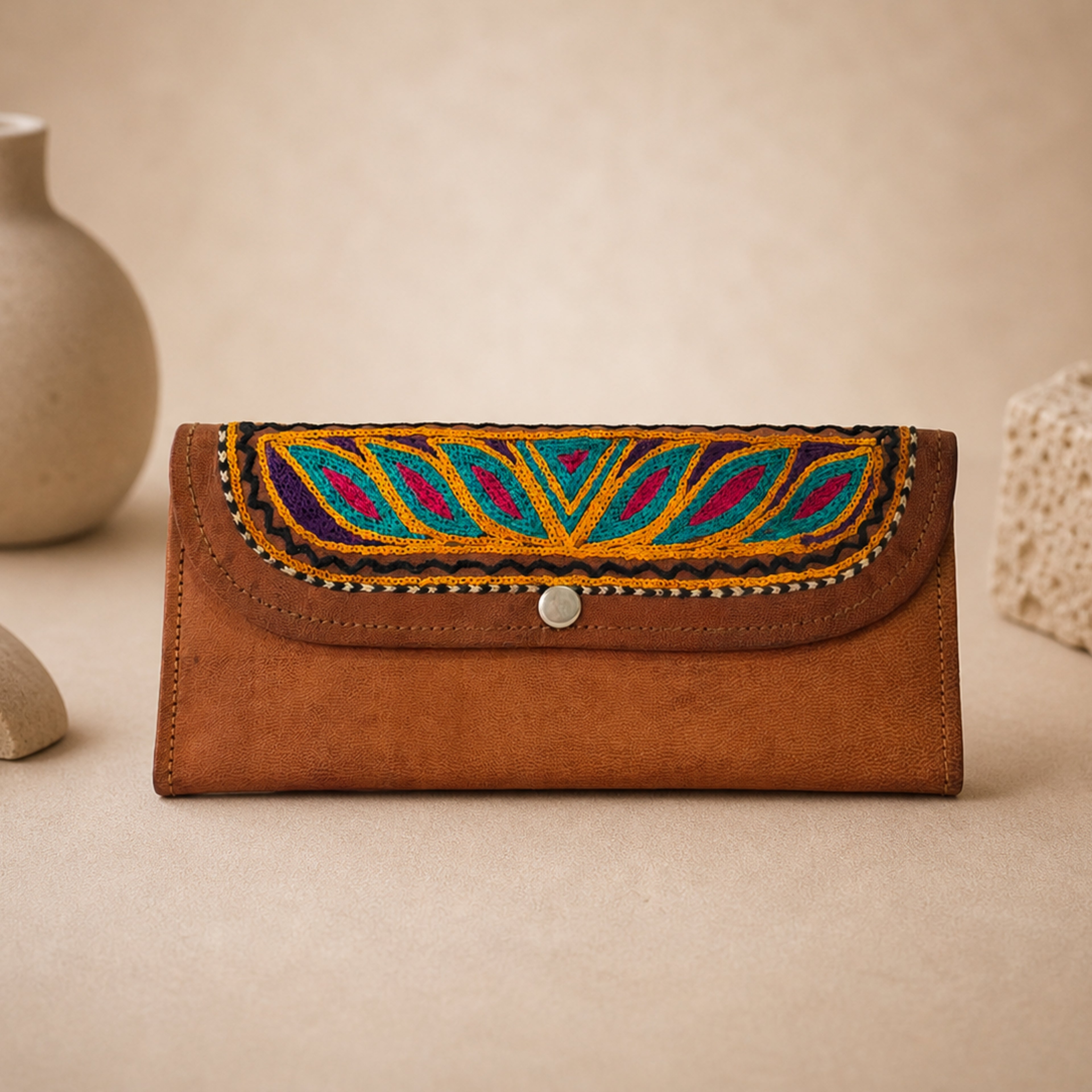The Thari Artisanal Leather Heritage Wallet - Lotus Hand Embroidery