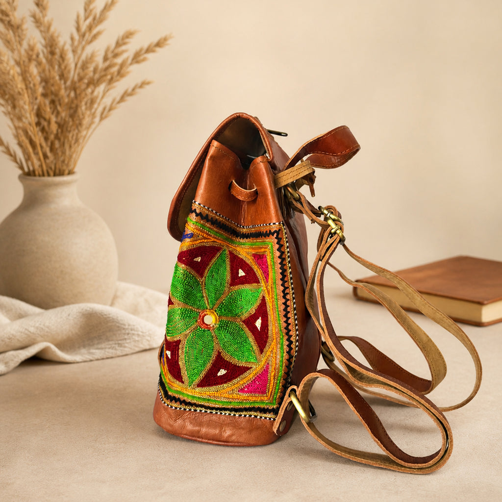 The Thari Artisanal Leather Daypack - Multi Colour Dot Hand Embroidery
