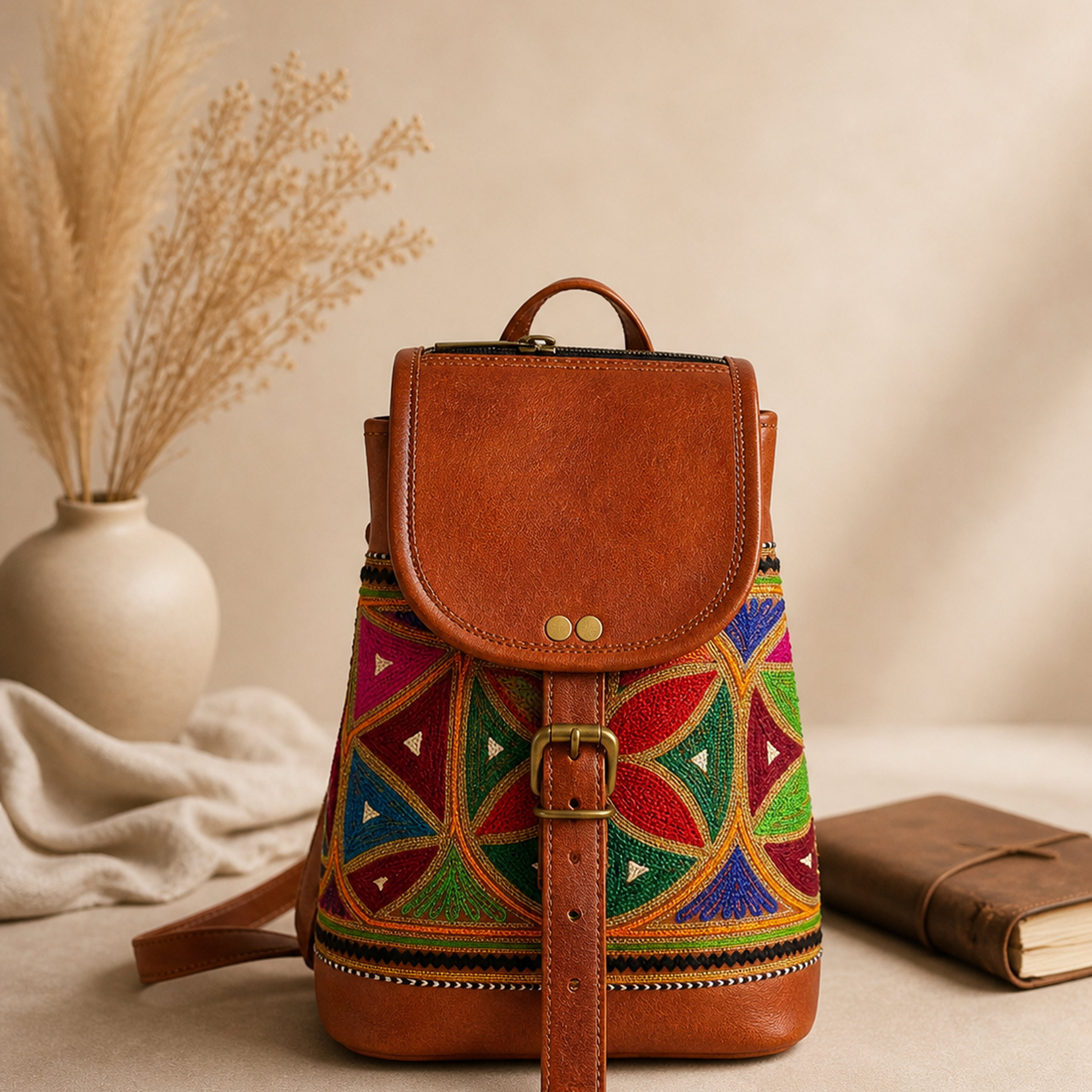 The Thari Artisanal Leather Daypack - Multi Colour Dot Hand Embroidery
