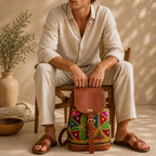 The Thari Artisanal Leather Daypack - Multi Colour Dot Hand Embroidery