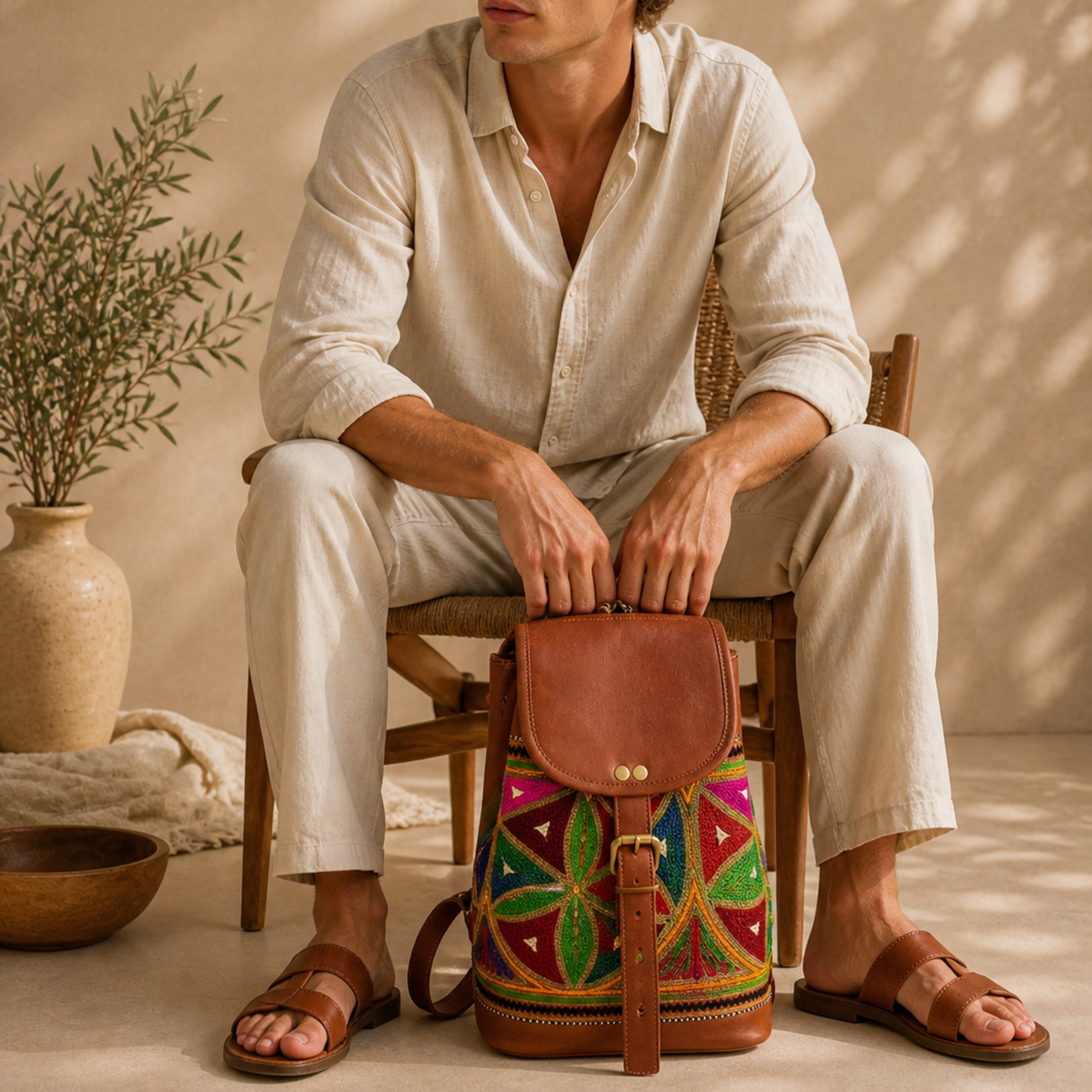 The Thari Artisanal Leather Daypack - Multi Colour Dot Hand Embroidery