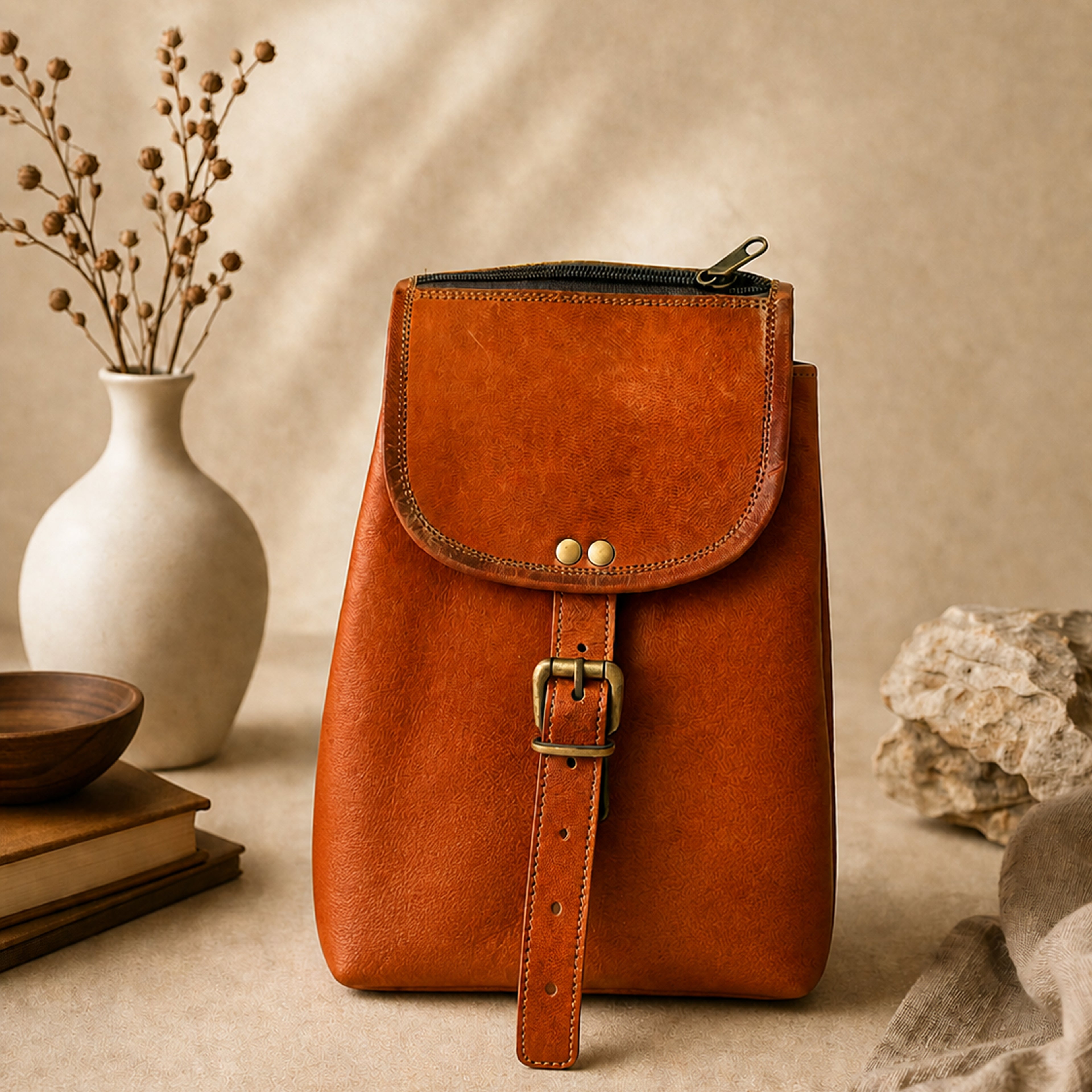 The Thari Artisanal Leather Daypack - Multi Colour Dot Hand Embroidery