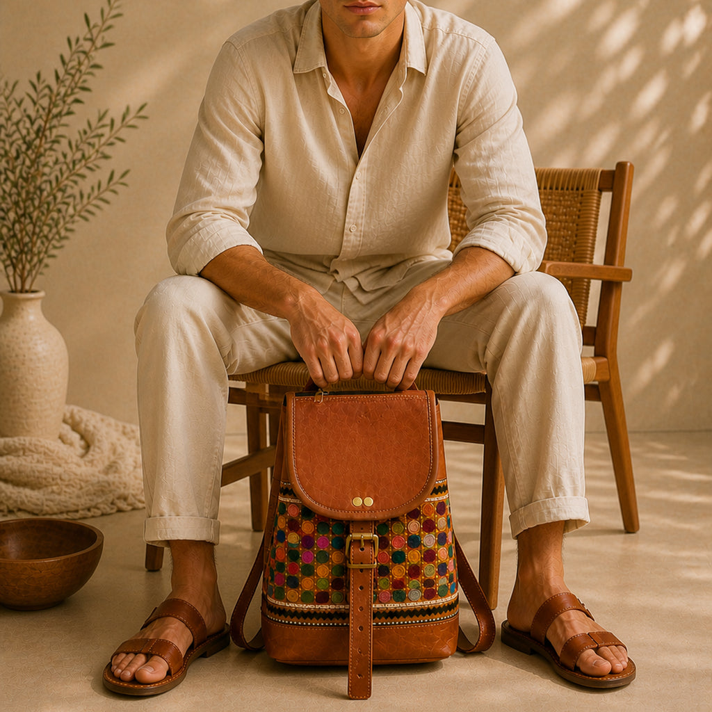 The Thari Artisanal Leather Daypack - Multi Colour Dot Hand Embroidery